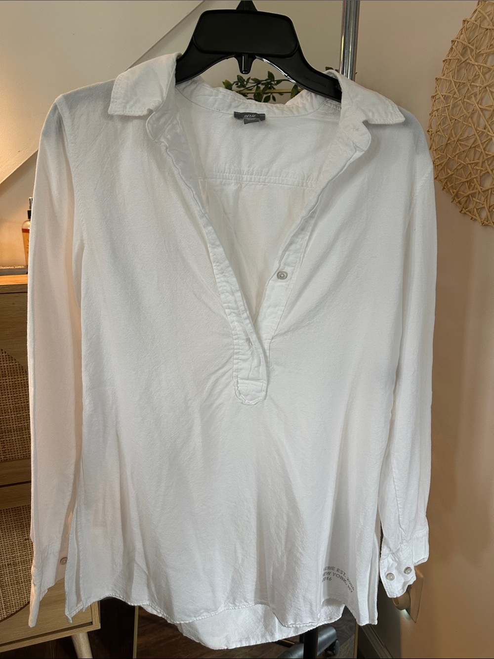 aerie White Long-Sleeve Button-Down Popover Blouse
